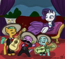 Size: 1000x909 | Tagged: safe, artist:johnjoseco, character:rarity, character:snails, character:snips, character:spike, ship:sparity, band, clothing, colored, costume, dress, eyes closed, female, guitar, hat, magic, male, mariachi, musical instrument, necklace, shipping, straight, telekinesis