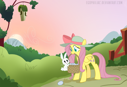 Size: 1800x1238 | Tagged: safe, artist:egophiliac, character:angel bunny, character:fluttershy, basket, clothing, egg, hat