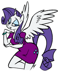 Size: 590x724 | Tagged: safe, artist:egophiliac, artist:venezolanbrony, edit, character:rarity, species:alicorn, species:anthro, species:pony, bedroom eyes, bracelet, clothing, dress, fabulous, female, looking at you, open mouth, race swap, raricorn, simple background, smiling, solo, spread wings, transparent background, vector, wings