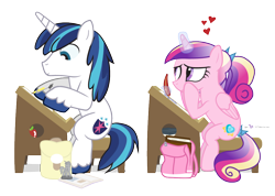 Size: 1140x810 | Tagged: safe, artist:dm29, character:princess cadance, character:shining armor, classroom, compass, crush, desk, duo, heart, magic, miniature, quill, school, simple background, transparent background
