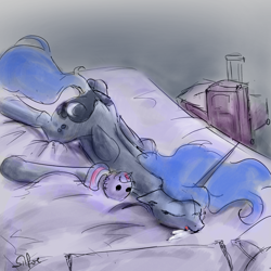 Size: 1280x1280 | Tagged: safe, artist:silfoe, character:princess luna, character:twilight sparkle, character:twilight sparkle (alicorn), species:alicorn, species:pony, lunadoodle, bed, blob, drool, eyes closed, female, luggage, mare, plushie, prone, sleeping, solo, tumblr