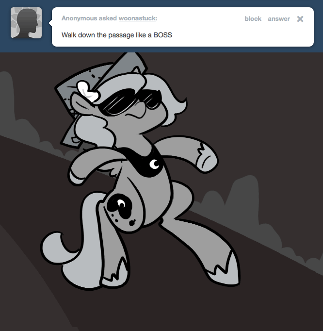 Size: 666x682 | Tagged: safe, artist:egophiliac, character:princess luna, species:pony, moonstuck, animated, ask, bipedal, cartographer's cap, clothing, comic, female, grayscale, hat, like a boss, monochrome, moonflower, solo, sunglasses, swag, tumblr, woona