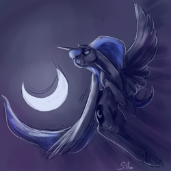 Size: 1280x1280 | Tagged: safe, artist:silfoe, character:princess luna, lunadoodle, female, flying, moon, solo