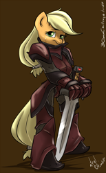 Size: 1000x1622 | Tagged: safe, artist:atryl, character:applejack, species:anthro, species:unguligrade anthro, armor, female, solo, sword, weapon