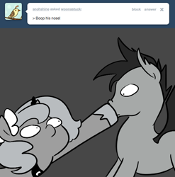 Size: 666x673 | Tagged: safe, artist:egophiliac, character:princess luna, oc, oc:frolicsome meadowlark, species:bat pony, species:pony, moonstuck, ask, boop, comic, filly, flower, flower in hair, grayscale, monochrome, moonflower, tumblr, woona, woonoggles, younger