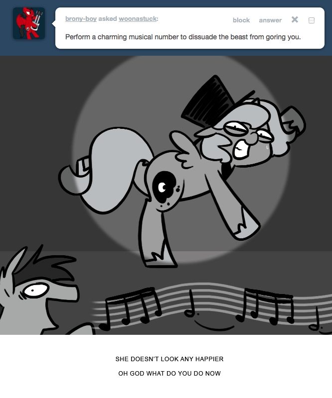 Size: 666x800 | Tagged: safe, artist:egophiliac, character:princess luna, oc, oc:frolicsome meadowlark, species:bat pony, species:pony, moonstuck, animated, ask, clothing, comic, dancing, grayscale, grin, hat, monochrome, nervous, nervous grin, singing, spotlight, top hat, tumblr, woona, woonoggles