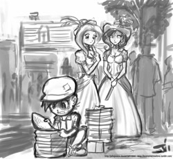 Size: 800x733 | Tagged: safe, artist:johnjoseco, character:fluttershy, character:pipsqueak, character:rarity, species:human, crying, feels, grayscale, humanized, monochrome, newsboy, newspaper, poor, victorian