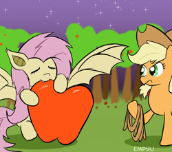 Size: 1000x885 | Tagged: safe, artist:empyu, character:applejack, character:flutterbat, character:fluttershy, 30 minute art challenge, apple, bait, rope