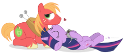 Size: 1350x600 | Tagged: safe, artist:dm29, character:big mcintosh, character:smarty pants, character:twilight sparkle, species:earth pony, species:pony, ship:twimac, blushing, cute, eyes closed, heart, julian yeo is trying to murder us, kissing, let's do the time warp again, male, on back, prone, shipping, simple background, smiling, stallion, straight, transparent background, vector