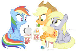 Size: 1125x750 | Tagged: safe, artist:dm29, character:applejack, character:derpy hooves, character:rainbow dash, species:earth pony, species:pegasus, species:pony, chopsticks, cup noodles, drool, eating, fail, failtacular, female, fire, fork, instant noodles, mare, mouth hold, ramen, simple background, sitting, transparent background, trio