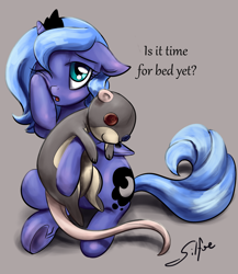 Size: 1280x1472 | Tagged: safe, artist:silfoe, character:princess luna, character:tiberius, species:alicorn, species:pony, lunadoodle, cute, female, filly, floppy ears, looking at you, lunabetes, opossum, plushie, rubbing, silfoe is trying to murder us, sitting, sleepy, solo, tired, underhoof, weapons-grade cute, wink, woona
