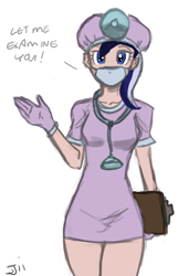 Size: 600x932 | Tagged: safe, artist:johnjoseco, character:minuette, species:human, clipboard, colored, costume, dentist, gloves, head mirror, humanized, nightmare night, rubber gloves, stethoscope, surgical mask