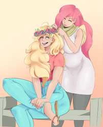 Size: 1961x2432 | Tagged: safe, artist:sundown, character:applejack, character:fluttershy, species:human, eyes closed, feet, flip-flops, flower in hair, humanized, sandals, smiling, winged humanization, wink
