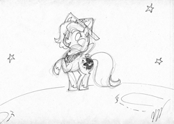 Size: 2309x1647 | Tagged: safe, artist:egophiliac, character:princess luna, species:alicorn, species:pony, moonstuck, cartographer's cap, clothing, female, filly, hat, monochrome, moon, raised hoof, sketch, smiling, solo, traditional art, woona