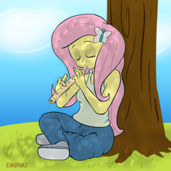 Size: 1000x1000 | Tagged: safe, artist:empyu, character:fluttershy, my little pony:equestria girls, female, flute, musical instrument, solo