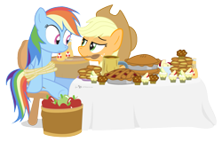 Size: 1075x688 | Tagged: safe, artist:dm29, character:applejack, character:rainbow dash, species:earth pony, species:pegasus, species:pony, apple, apple fritter (food), apple juice, apple pie, bondage, bound wings, chair, cupcake, duo, feederjack, feeding, food, force feeding, hilarious in hindsight, mouth hold, pie, rope, simple background, this will end in weight gain, transparent background