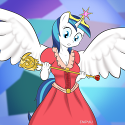 Size: 1000x1000 | Tagged: safe, artist:empyu, character:shining armor, species:alicorn, species:anthro, species:pony, alicornified, breasts, busty gleaming shield, element of magic, gleaming shield, princess, princess gleaming shield, race swap, rule 63, twilight scepter
