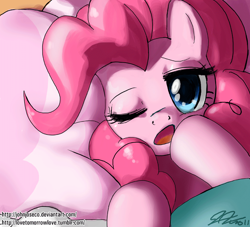 Size: 780x707 | Tagged: safe, artist:johnjoseco, character:pinkie pie, species:earth pony, species:pony, g4, adobe imageready, cute, diapinkes, female, looking at you, mare, morning ponies, one eye closed, solo, yawn