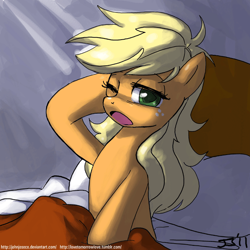 Size: 700x700 | Tagged: safe, artist:johnjoseco, character:applejack, species:earth pony, species:pony, g4, :o, adobe imageready, awakening, bed, crepuscular rays, female, hatless, looking at you, mare, messy mane, missing accessory, morning ponies, one eye closed, open mouth, sitting, solo, wink, yawn