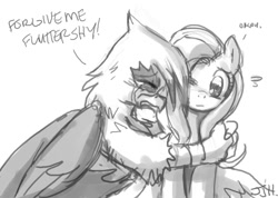 Size: 900x642 | Tagged: safe, artist:johnjoseco, character:fluttershy, character:gilda, species:griffon, crying, grayscale, hug, monochrome