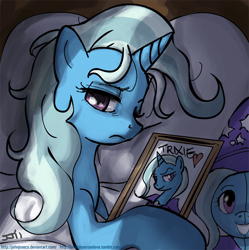 Size: 720x722 | Tagged: safe, artist:johnjoseco, character:trixie, species:pony, species:unicorn, g4, adobe imageready, bed, bust, female, looking at you, mare, morning ponies, narcissism, picture, pillow, plushie, portrait, solo