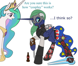 Size: 4500x3839 | Tagged: safe, artist:silfoe, character:princess celestia, character:princess luna, species:alicorn, species:pony, abomination, assassin's creed, clothing, companion cube, cosplay, crossover, dark souls, dovahkiin, energy sword, fallout, frown, halo (series), horde, mass effect, metroid, minecraft, nuka cola, open mouth, pokéball, pokémon, portal (valve), skyrim, super mario bros., super star, the elder scrolls, the legend of zelda, warcraft, world of warcraft, worried
