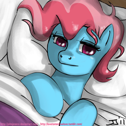 Size: 900x900 | Tagged: safe, artist:johnjoseco, character:cup cake, species:earth pony, species:pony, g4, adobe imageready, bed, cute, female, looking at you, mare, morning ponies, on back, pillow, smiling, solo