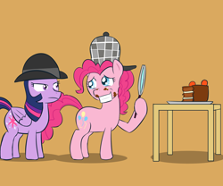Size: 1000x833 | Tagged: safe, artist:empyu, character:pinkie pie, character:twilight sparkle, character:twilight sparkle (alicorn), species:alicorn, species:pony, bowler hat, cake, clothing, detective, female, food, hat, magnifying glass, mare, messy, sherlock hat, stain