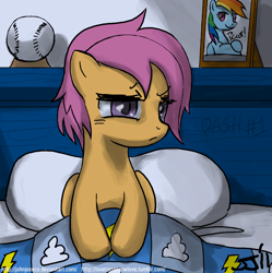 Size: 900x903 | Tagged: safe, artist:johnjoseco, character:rainbow dash, character:scootaloo, species:pegasus, species:pony, g4, adobe imageready, baseball, bed, female, filly, foal, morning ponies, pillow, solo