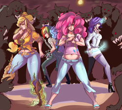 Size: 2500x2250 | Tagged: safe, artist:sundown, character:applejack, character:pinkie pie, character:rainbow dash, character:rarity, species:diamond dog, species:human, action pose, applebucking thighs, belly button, clothing, curvy, earth pony magic, female, fight, high heels, horned humanization, humanized, magic, midriff, muffin top, winged humanization