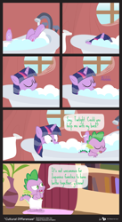 Size: 860x1570 | Tagged: safe, artist:dm29, character:spike, character:twilight sparkle, annoyed, bath, bathtub, bubble, bubble bath, claw foot bathtub, comic, duo, eyes closed, frown, open mouth, smiling, steam, towel, wide eyes