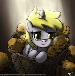 Size: 900x903 | Tagged: safe, artist:johnjoseco, character:dinky hooves, species:pony, species:unicorn, g4, adobe imageready, background pony, basket, cute, dinkabetes, excited, female, filly, foal, happy, morning ponies, muffin, solo