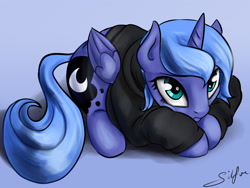 Size: 1872x1408 | Tagged: safe, artist:silfoe, character:princess luna, species:alicorn, species:pony, lunadoodle, clothing, crouching, cute, female, filly, frown, hoodie, looking at you, looking up, lunabetes, mare, prone, s1 luna, silfoe is trying to murder us, solo, squishy cheeks, sweater, weapons-grade cute, woona