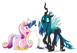 Size: 1005x705 | Tagged: safe, artist:dm29, character:princess cadance, character:queen chrysalis, character:shining armor, species:alicorn, species:changeling, species:pony, species:unicorn, ship:chrysarmordance, cute, cutealis, female, frown, inconvenient chrysalis, lesbian, looking away, polyamory, shining armor gets all the mares, shipping, simple background, third wheel, transparent background, trio, vector, wide eyes