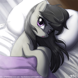 Size: 900x899 | Tagged: safe, artist:johnjoseco, character:octavia melody, species:earth pony, species:pony, g4, :o, adobe imageready, bed, bedroom eyes, cute, female, light, looking at you, mare, messy mane, morning ponies, on side, open mouth, pillow, solo