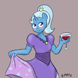 Size: 500x500 | Tagged: safe, artist:empyu, character:trixie, species:anthro, 30 minute art challenge, alternate hairstyle, clothing, dress, female, queen trixiana the first, solo, wine