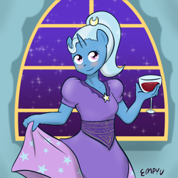 Size: 1000x1000 | Tagged: safe, artist:empyu, character:trixie, species:anthro, 30 minute art challenge, clothing, dress, female, queen trixiana the first, solo, wine