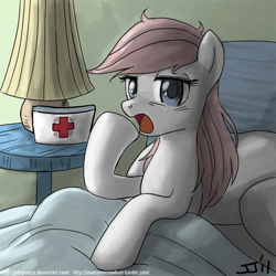 Size: 900x899 | Tagged: safe, artist:johnjoseco, character:nurse redheart, species:earth pony, species:pony, g4, adobe imageready, alternate hairstyle, bed, female, looking at you, loose hair, mare, messy mane, morning ponies, open mouth, pillow, raised hoof, sitting, solo, yawn
