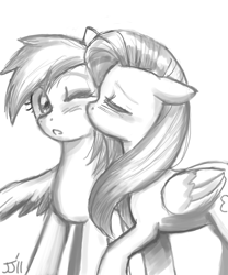 Size: 700x840 | Tagged: safe, artist:johnjoseco, character:fluttershy, character:rainbow dash, ship:flutterdash, female, grayscale, kissing, lesbian, monochrome, shipping