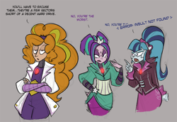 Size: 900x620 | Tagged: safe, artist:egophiliac, character:adagio dazzle, character:aria blaze, character:sonata dusk, my little pony:equestria girls, artificial intelligence, dialogue, gray background, robot, simple background, sonatabot, steampunk, steamquestria, the dazzlings, trio, tumblr