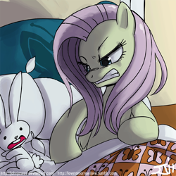 Size: 900x900 | Tagged: safe, artist:johnjoseco, character:angel bunny, character:fluttershy, species:pegasus, species:pony, adobe imageready, angelbuse, angry, discorded, female, flutterbitch, gritted teeth, mare, morning ponies