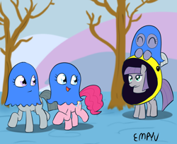 Size: 1000x815 | Tagged: safe, artist:empyu, character:limestone pie, character:marble pie, character:maud pie, character:pinkie pie, clothing, costume, cute, diapinkes, eyes closed, limabetes, marblebetes, maudabetes, pac-man, pie sisters