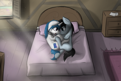 Size: 500x333 | Tagged: safe, artist:marsminer, oc, oc only, oc:frost bright, oc:frost stormwind, species:pony, species:unicorn, bed, commission, crepuscular rays, cuddling, eye contact, gay, male, on side, smiling, snuggling, window
