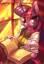 Size: 1050x1500 | Tagged: safe, alternate version, artist:atryl, character:twilight sparkle, species:anthro, species:pony, species:unicorn, g4, book, breasts, busty twilight sparkle, clothing, ear fluff, female, lab coat, mare, patreon, reading, signature, solo, sweater, three quarter view