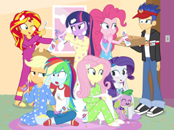 Size: 1440x1080 | Tagged: safe, artist:dm29, character:applejack, character:flash sentry, character:fluttershy, character:pinkie pie, character:rainbow dash, character:rarity, character:spike, character:sunset shimmer, character:twilight sparkle, character:twilight sparkle (alicorn), species:alicorn, species:dog, equestria girls:rainbow rocks, g4, my little pony: equestria girls, my little pony:equestria girls, blushing, clothing, controller, cute, derp, derp face, footed sleeper, humane seven, jacket, julian yeo is trying to murder us, mane seven, mane six, pajamas, petting, pizza, slippers, slumber party, spike the dog, visor, whipped cream