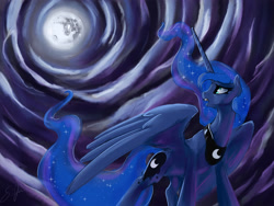 Size: 3000x2250 | Tagged: safe, artist:silfoe, character:princess luna, species:alicorn, species:pony, cloud, cloudy, commission, dream, dream walker luna, ethereal mane, eyelashes, female, horn, looking back, mare in the moon, moon, night, nightmare, open mouth, signature, solo, spread wings, wings