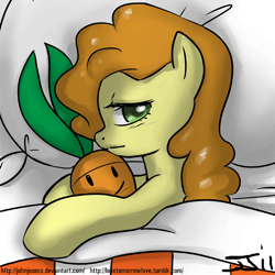 Size: 900x900 | Tagged: safe, artist:johnjoseco, character:carrot top, character:golden harvest, species:earth pony, species:pony, adobe imageready, carrot, female, food, looking at you, mare, morning ponies, pillow, solo