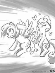 Size: 610x813 | Tagged: safe, artist:johnjoseco, character:carrot top, character:derpy hooves, character:golden harvest, species:pegasus, species:pony, ship:derpytop, crossover, female, fight, grayscale, heart, lesbian, mare, monochrome, plot, reference, shipping, super smash bros.