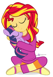 Size: 360x520 | Tagged: safe, artist:dm29, character:sunset shimmer, character:twilight sparkle, species:pony, equestria girls:rainbow rocks, g4, my little pony: equestria girls, my little pony:equestria girls, clothing, crossed legs, cuddling, cute, duo, eyes closed, filly, holding a pony, julian yeo is trying to murder us, pajamas, pony pet, shimmerbetes, simple background, sitting, slippers, smiling, snuggling, square crossover, transparent background