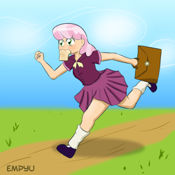Size: 1000x1000 | Tagged: safe, artist:empyu, character:cheerilee, species:human, bag, clothing, cloud, cloudy, cute, female, grass, humanized, mary janes, miniskirt, path, pleated skirt, running, sailor uniform, school uniform, schoolgirl, schoolgirl toast, shirt, shoes, skirt, sky, socks, solo, toast